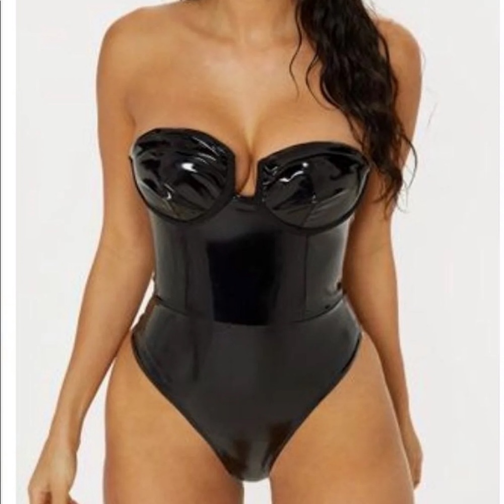 Black vinyl bodysuit